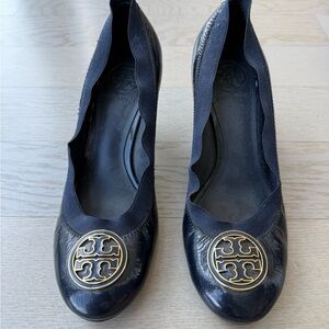 Tory Burch Navy Leather Heels with Gold Medallion